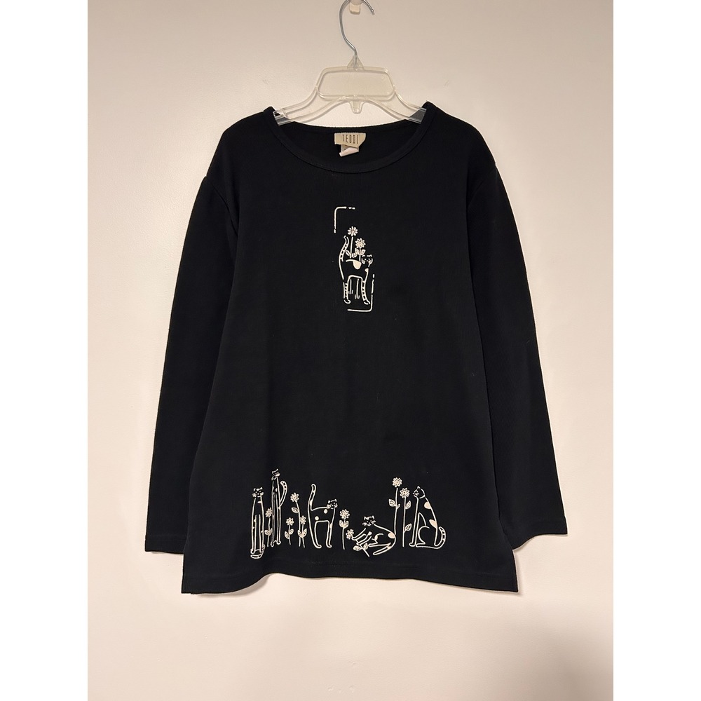 Teddi Womens Black Ribbed Long Sleeve Cat Graphic Knit Top Small Crew Neck Slits